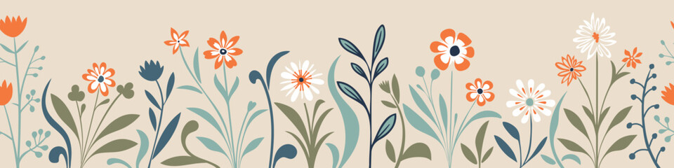 Hand drawn grass and flowers, spring meadow, seamless border, vector illustration