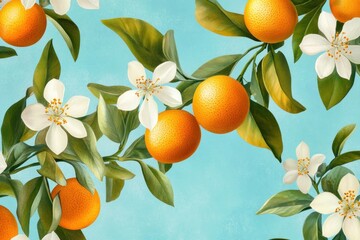 Bright and vibrant pattern featuring oranges and white flowers against a turquoise background, ideal for summer themed designs, food decor, and healthy living concepts