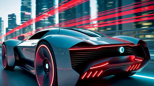 Futuristic concept car with sleek aerodynamic design speeding through a neon-lit cityscape

