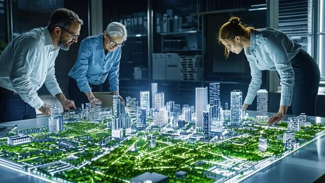 Visionaries at Work: A team of architects and urban planners collaborating around a detailed scale model of a modern city, engrossed in their design and vision