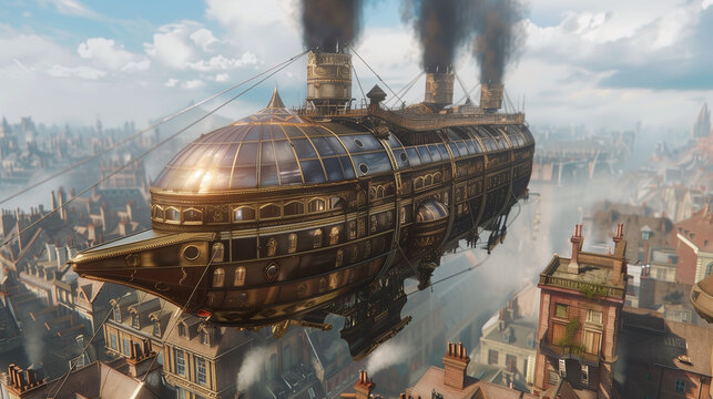 A steampunk-inspired airship floating above a Victorian-era city with intricate details.