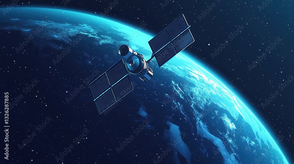 Poster satellite technology orbiting earth for advanced monitoring representing space-driven innovation