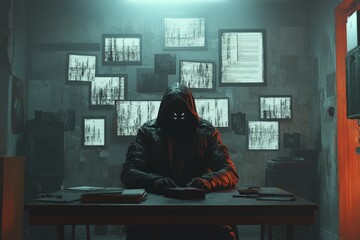 Mysterious figure in a dimly lit room with multiple screens showcasing static imagery