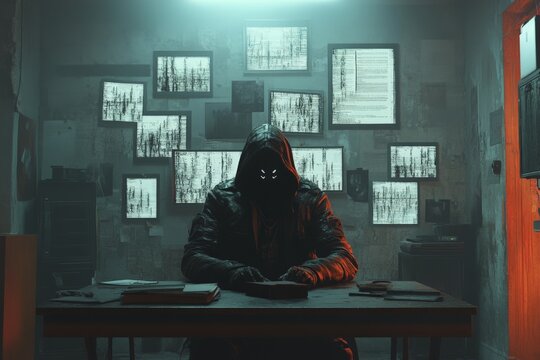Mysterious figure in a dimly lit room with multiple screens showcasing static imagery