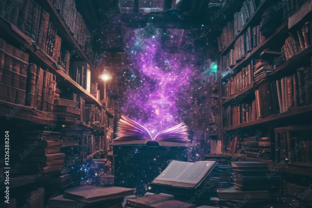 Aufkleber enchanting library with floating book revealing cosmic light in a mystical setting at night