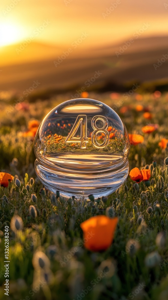 Poster crystal sphere reflecting vibrant orange poppies in a sunlit field creating surreal and artistic com