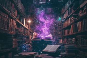Enchanting library with floating book revealing cosmic light in a mystical setting at night