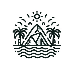 Obraz premium Tropical summer camp scene with a sunny mountain, palm trees, and waves