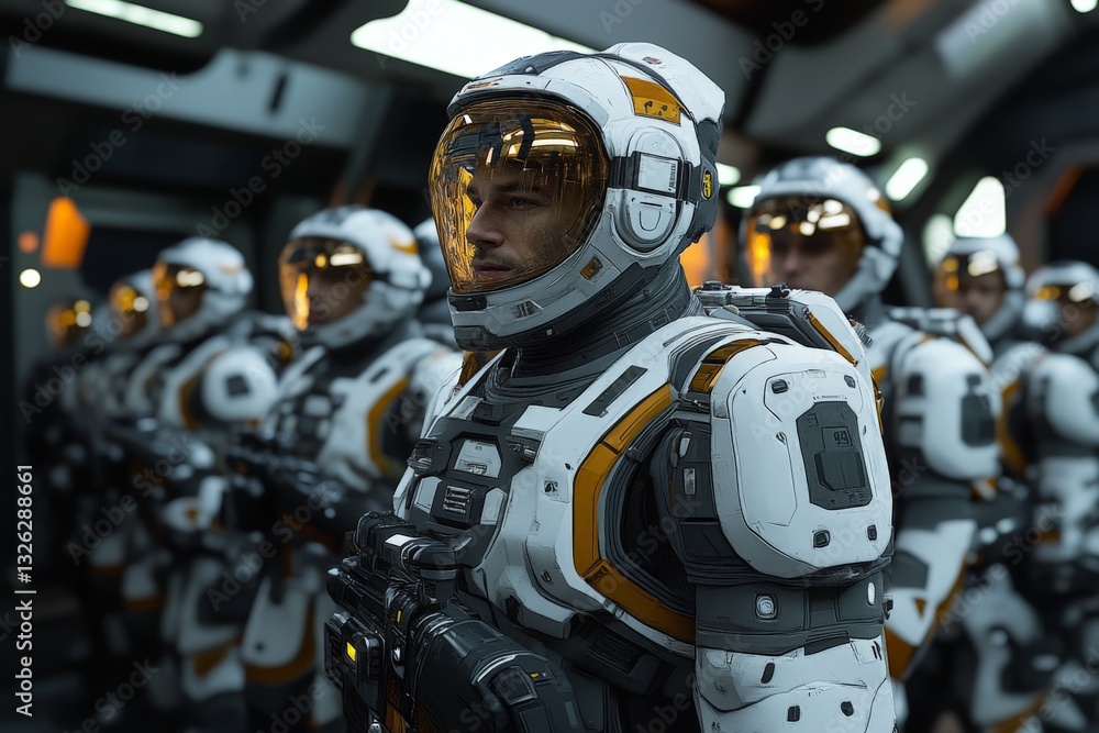 Poster astronauts prepare for a mission in a futuristic space station with detailed gear and advanced techn