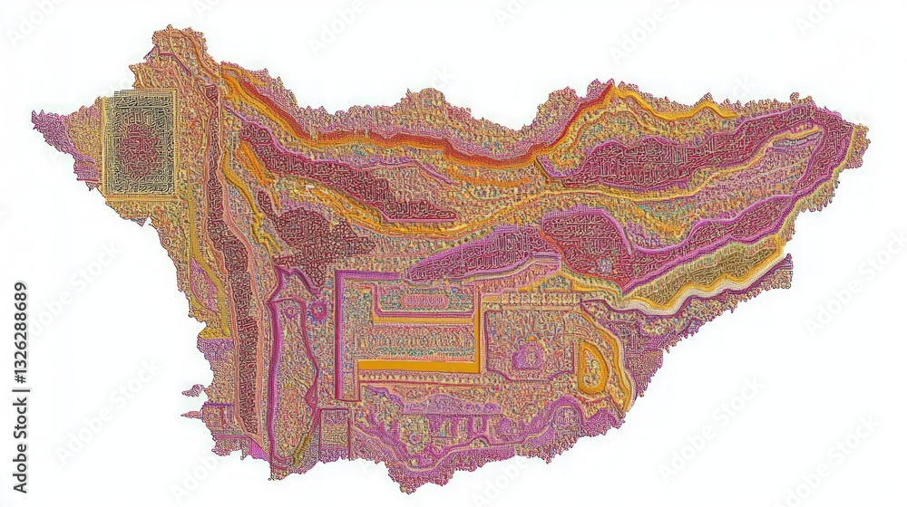 Poster detailed aerial view of a colorful topographic map exhibiting elevation variations in a vibrant land