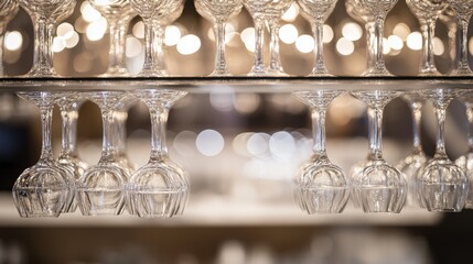 Fine dining restaurant bar detail, multiple tiers of premium glassware suspended in perfect symmetry, indirect lighting creating sparkles through crystal stems, polished marble counter surface below,