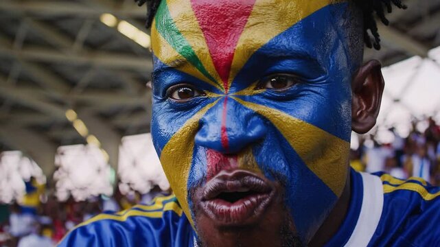 Smiling Seychellois man with face painted in Seychelles national colors at a sports stadium, passionate football supporter celebrating  
