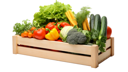 Wooden box with vegtables isolated on white or transparent png background.
