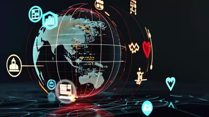 Connecting health data globally through a cardiograph overlay on a digital globe with heart icons, globe of connections with icons over cardiograph on black background - Powered by Adobe