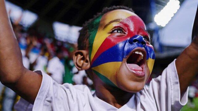 Excited Seychellois child with face painted in Seychelles national colors at a sports stadium, joyful football supporter cheering  
