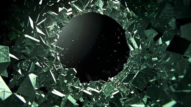 Green glass breaking dynamically, shattering into sharp transparent fragments with high energy motion against dark surface, creating clean visual effect compositing opportunity