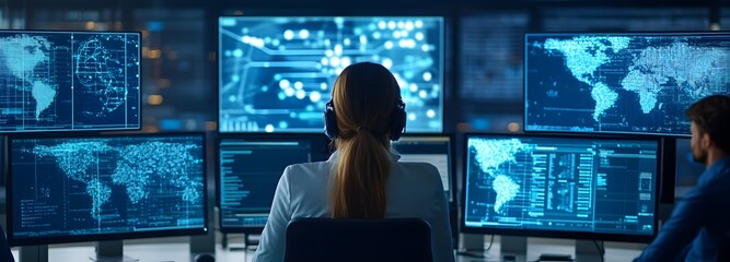 Surveillance in Command Center: A dedicated analyst monitors intricate digital displays, surrounded by a complex network of screens displaying real-time data and global maps.