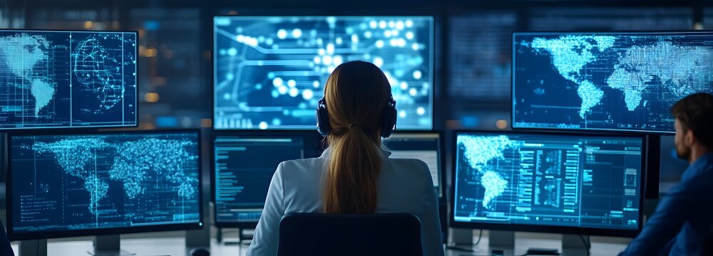 Surveillance in Command Center: A dedicated analyst monitors intricate digital displays, surrounded by a complex network of screens displaying real-time data and global maps.