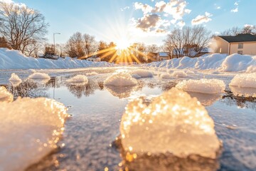 Melting Snow Reveals Rural Landscape at Sunset in Early Spring