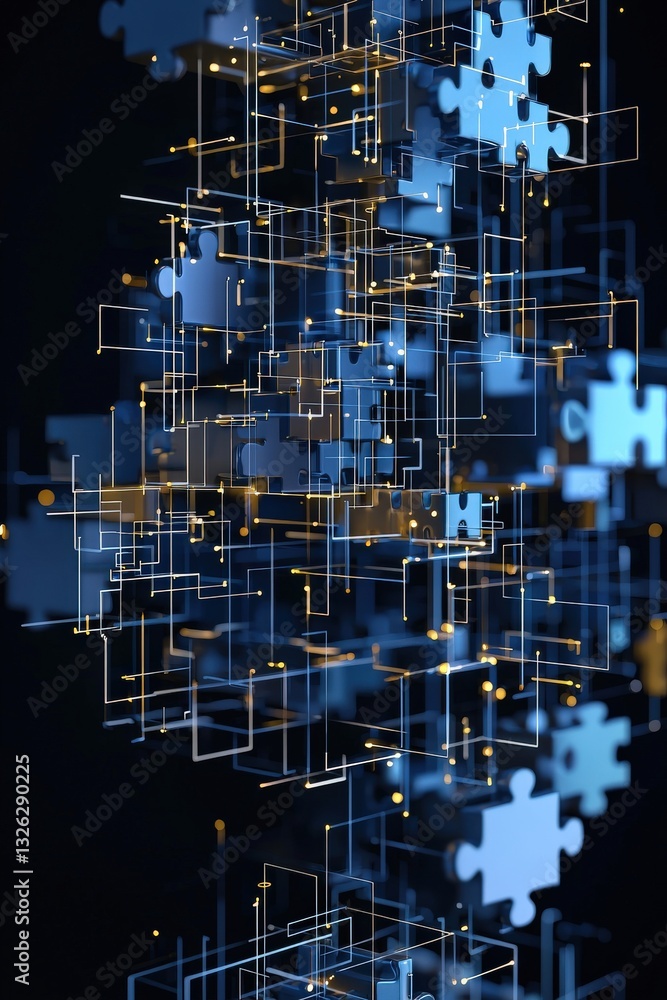 Poster a digital blueprint for a building with puzzle-piece architecture