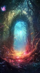Fototapeta premium A mystical enchanted forest pathway leads towards the light