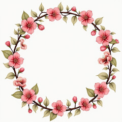 A delicate floral wreath featuring pink blossoms and green leaves, perfect for spring-themed designs.