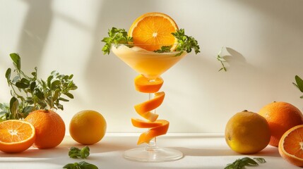 innovative citrus cocktail, deconstructed orange display, fresh herb accents, spiral cut fruit design, bright studio lighting, gourmet beverage presentation
