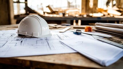Architectural site table covered with blueprints, a hard hat, a ruler, and a structural engineering scale.