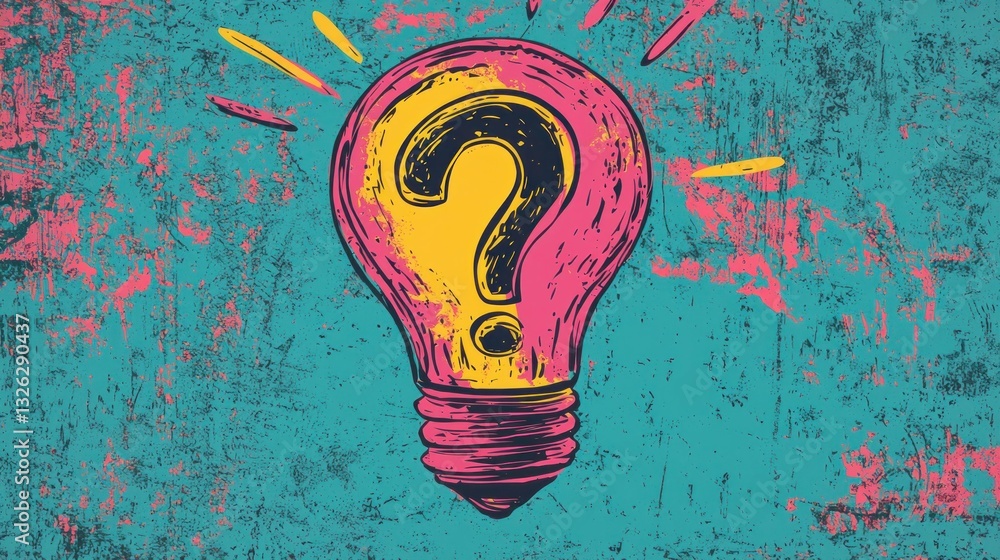 Poster colorful light bulb with a question mark symbolizing creativity and ideas on a vibrant distressed ba