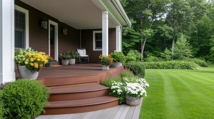 Obraz premium Beautiful Home Exterior Featuring Cozy Porch, Lush Green Lawn, Decorative Planters, and Inviting Atmosphere