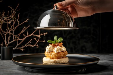 Elegant Dish Presentation With Cloche in Modern Dining Setting During Evening