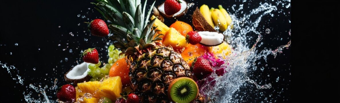 Colorful fruits exploding in water on black background
