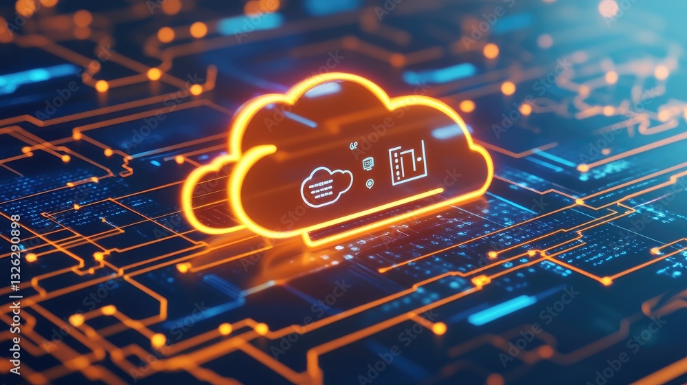 Poster a d render of a glowing digital cloud with interconnected icons representing business technology.