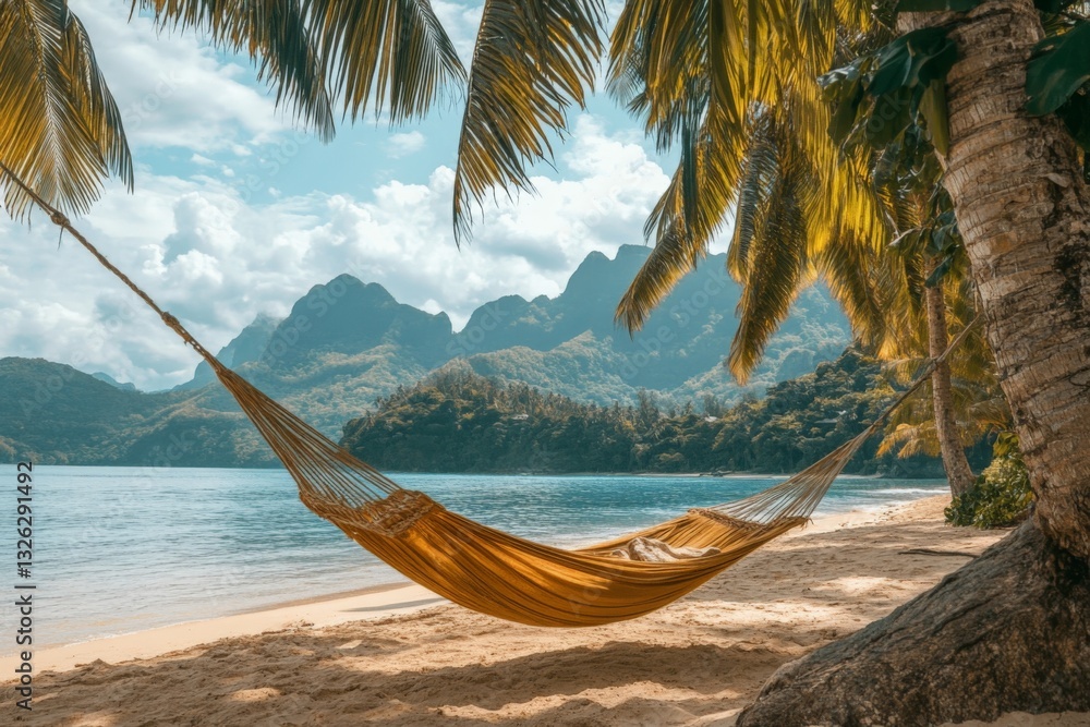 Poster relaxation on a tropical beach in a hammock surrounded by palm trees and mountains