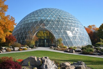 Fototapeta premium Unique geodesic dome structure surrounded by lush gardens and vibrant autumn foliage in a botanical setting