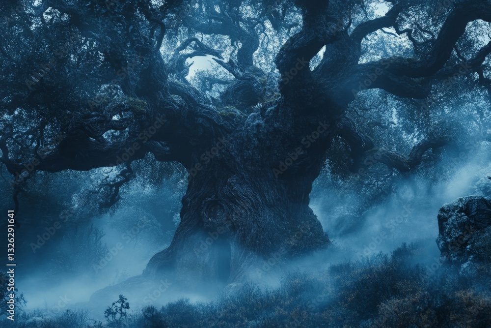 Poster Ancient twisted tree stands amidst fog in a mystical forest during twilight hours