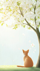 Orange white cat resting beneath blossoming cherry tree, relaxing in soft spring sunlight with falling pink petals drifting softly nearby