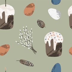 Holy Easter seamless pattern. Cute egg, nest, easter cake, willow, feather. Eco decoration. Vector flat cartoon illustration. Perfect for fabric, textile, wrapping, packaging