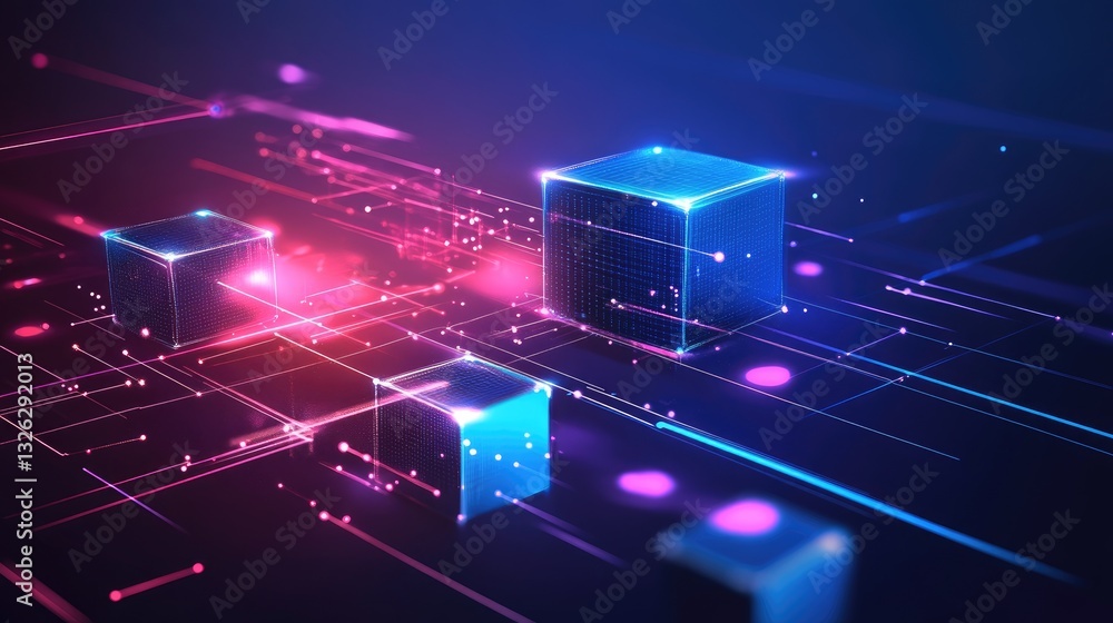 Poster a conceptual illustration of blockchain technology in digital business, featuring encrypted data cha