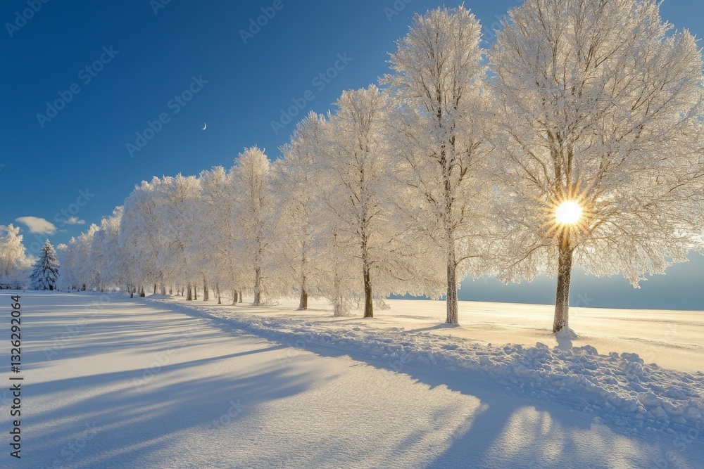 Poster winter landscape with snow-covered trees reflecting sunlight in a serene setting in the early mornin