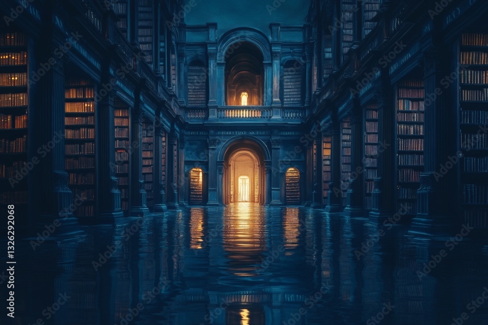 Poster enchanted library filled with books, illuminated doorway reflects in calm water at twilight