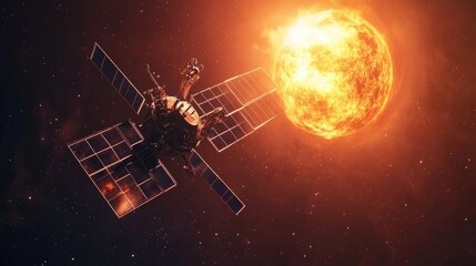 Naklejka premium A concept image of a futuristic satellite with solar panels absorbing energy from the sun in space.