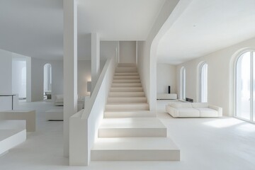 Obraz premium Modern minimalist interior design featuring light-colored staircase in an open living area