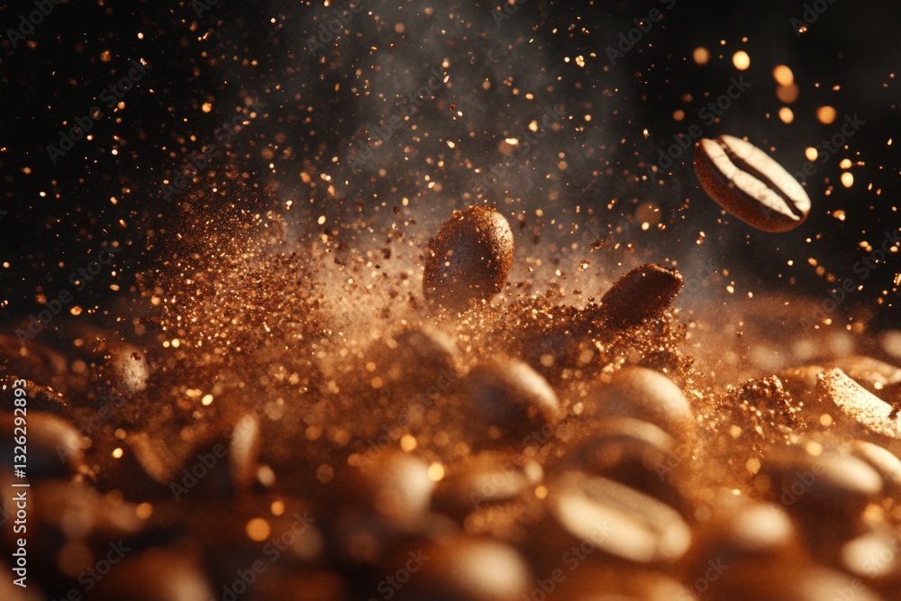 Poster coffee beans in motion creating an explosion of flavor and aroma during early morning preparation