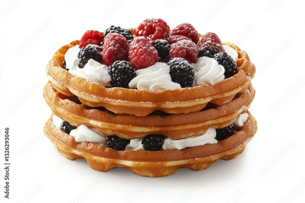 Poster delicious stack of waffles topped with whipped cream and mixed berries served in a bright setting