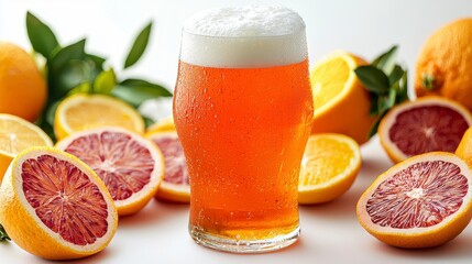 Inviting glass of beer with fresh oranges and lemons for a refreshing beverage experience on a warm day