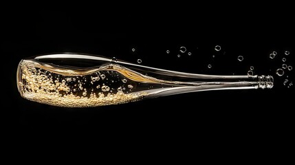 Premium sparkling wine photography, tall fluted crystal stem, dancing bubble trails, golden liquid catching studio lights, sophisticated black background, commercial product shot, professional rim