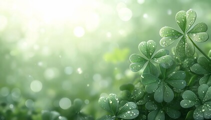 Fototapeta premium Close up of Clover with dew drops in a meadow background for St. Patrick's Day