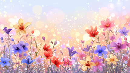 Obraz premium Wildflower meadow glowing under soft sunset light, featuring colorful blossoms spreading across lush landscape with golden evening warmth enveloping vibrant botanical scene