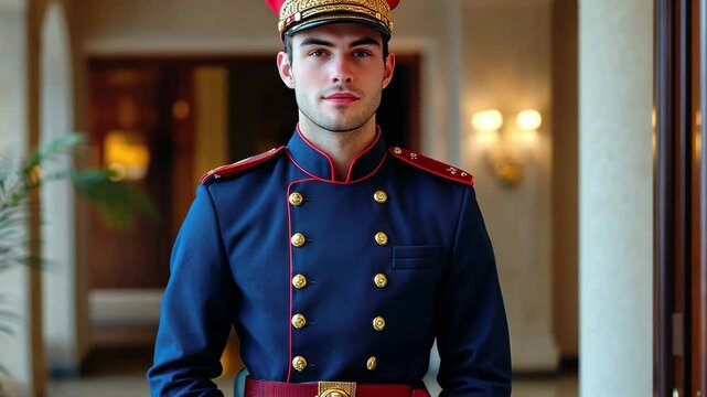 Elegant hotel bellboy in uniform standing proudly in a luxurious lobby during the early evening, Elegant hotel bellboy man